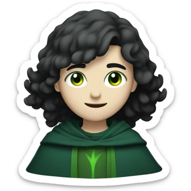 teenage white-skinned wizard with black hair, green eyes in dark green disguise sticker