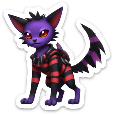 Black-Red-Purple Anthro Cool Punk Noibat-Litten-Fakemon-fursona with fangs and stripes Full Body sticker
