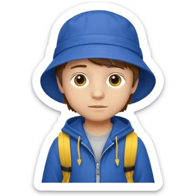 Little student, brown hair boy, wears blue bucket hat and jacket, yellow backpack, shy sticker