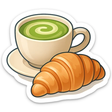 Make the matcha latte and croissant more detailed, add subtle gradients and highlights, keep the minimal flat color style. sticker