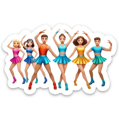 Icon for Contemporary Dance: a synchronized guys and girls group performance on stage with backup dancers in bright, modern outfits and dynamic lighting. The icon should capture the energy and coordination of a dance routine, with a focus on movement and stage presence. Transparent background. sticker