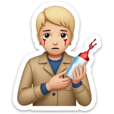 Generate a realistic emoji of a package being unpacked and the person is sad because they got hurt by the package sticker