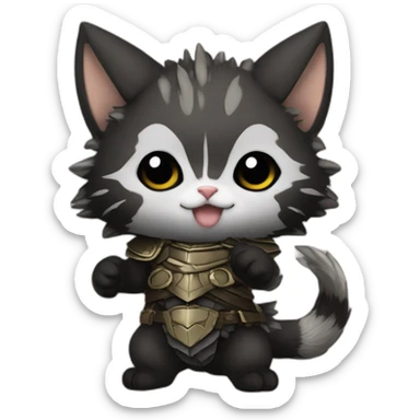 chibi monster hunter palico with all black fur on hind legs wearing armor and blepping sticker