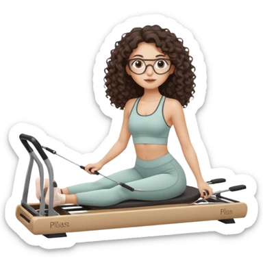Memoji-style girl with long dark brown curly hair, round glasses, large brown eyes, soft rounded face,makeup, warm beige skin tone, wearing Pilates activewear performing Pilates and reformer Pilates exercises on a reformer machine, pastel color palette, smooth soft shading sticker