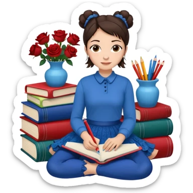 A woman with dark hair, straight and dark brown, styled in two buns, wears a blue long-sleeved shirt and a brown lace ruffled skirt. She holds a crayon in one hand. She sits on the floor with her legs crossed. The floor is covered with five stacks of colorful notebooks and a vase of red roses.  sticker