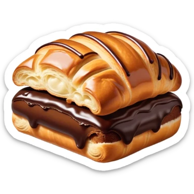 Cinematic warm pain au chocolat, flaky golden-brown pastry with a rich chocolate filling peeking through, perfectly crisp exterior, soft glowing highlights, inviting and indulgent. sticker