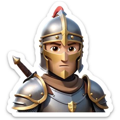 clash-of-clans-aesthetic_-cinematic-fearsome-and-majestic-knight-bust-portrait-emoji, rendered in a flat, vector-style with minimal shading and bold, simplified shapes, depicting a battle-ready medieval knight with steely eyes and intricate armor, riding on a black warhorse looking regal reflecting sunlight over a misty battlefield. sticker