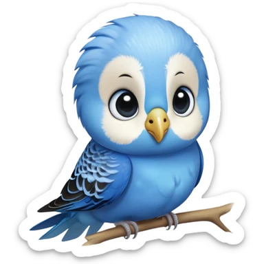 cinematic-cute-blue-budgie-portrait-emoji,-head-tilted-playfully-and-inquisitively,-featuring-a-brilliant-blue-feathered-fur-and white and black face-with-a-natural-sheen,-round,-sparkling-dark-eyes-filled-with-curiosity,-simplified-yet-irresistibly-adorable sticker