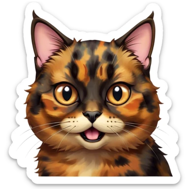 Cinematic Comical Tortoiseshell Cat Portrait Emoji, Head cocked dramatically with an over-the-top shocked expression, featuring a rich mottled fur of browns and blacks and wide, comically animated eyes full of playful disbelief, simplified yet hilariously detailed, glowing with a bold, sassy radiance, high shine, exuding a mischievous and spirited charm, styled with a soft glowing outline, capturing the essence of a tortoiseshell cat that appears ready to burst into comical antics! sticker