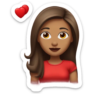 light brown lady, dark brown long straight hair, red lips, eyelashes, wearing red “happy Valentine’s Day” t shirt sticker