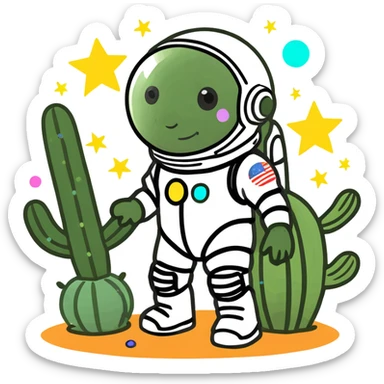 A spacesuit-wearing cactus blooming neon stars instead of flowers, with mini planets on its prickles sticker