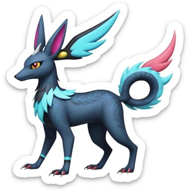 Colorful scaly flurry bioluminescent dark gloomy ghoulish spooky dull dusky translucent neon edgy cool dark edgy Latias-Sergal-Vernid-Anubis-Umbreon-Sylveon-Bastet-Fakémon-hybrid-fusion-creature, full body sticker