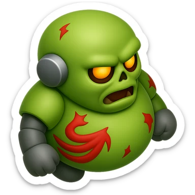 Create a top-down view of the right side of a fat zombie robot terminator character in the style of Apple emojis with a glossy, smooth finish and no background. The style should be shiny and polished like Apple emojis but with no background. sticker