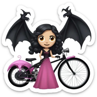  black evening gown with see-through gloves, Jenna Ortega as Addams woman prom queen wearing a mini tiara, very large blood  pink evil-looking horned old dragon bike sticker