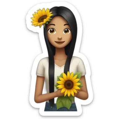 Straight long black hair girl holding a sunflower in hand sticker