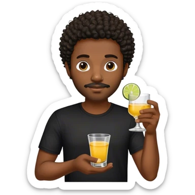 dark black guy, short curly hair, facial hair, holding tequila, black shirt  sticker
