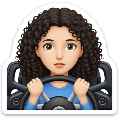 a girl with dark curly hair, her face is covered from below by the steering wheel sticker