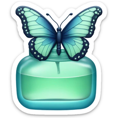  pastel green butterfly resting on an elegant blue perfume bottle with fork dark blue details. sticker