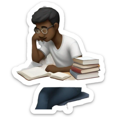 A tired student studies among books and a computer  sticker