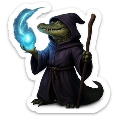 alligator wizard casting a spell, glowing effects, fantasy sticker