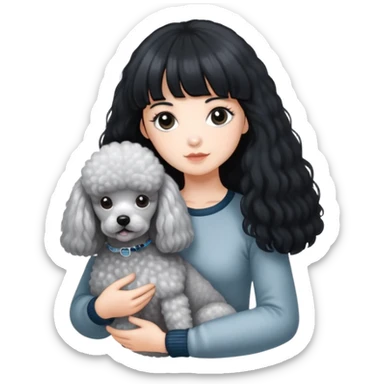 A girl with long black hair and airy bangs, fair skin, holding a silver-gray poodle with white fur on its chest. The poodle has a round head with its ears hidden within its fur. sticker