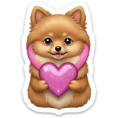 A Tan Pomeranian holding a pink glitter heart  sticker