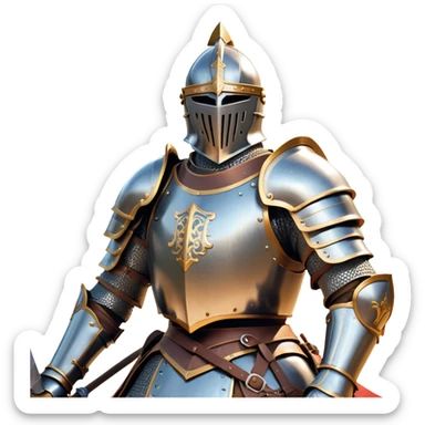 clash-of-clans-aesthetic_-cinematic-fearsome-and-majestic-knight-bust-portrait-emoji, rendered in a flat, vector-style with minimal shading and bold, simplified shapes, depicting a battle-ready medieval knight with steely eyes and intricate armor, mounted on a heavily armored warhorse with gleaming plated barding reflecting sunlight over a misty battlefield. sticker