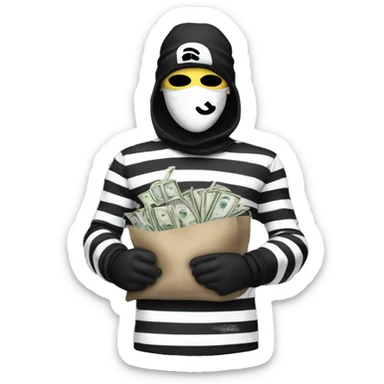 Robber, black and white striped shirt, black mask, money bag, beanie sticker