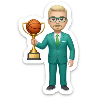 Full Body white male plus size wearing glasses with a goatee with light blonde and gray very short hair happy basketball head Coach in blue and green suit holding trophy sticker
