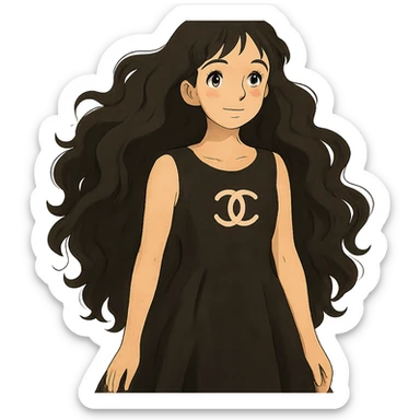 light skin girl with very long black curly hair, brown eyes, black Chanel dress sticker
