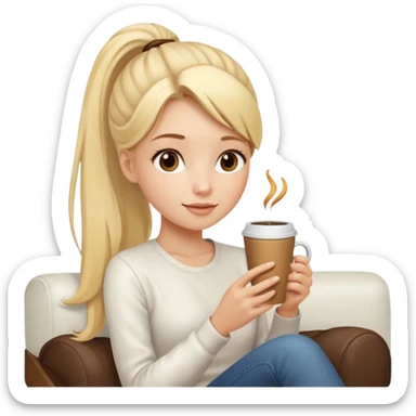 girl with long blonde ponytail enjoying coffee on white couch sticker