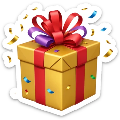 present with gold wrapping and red ribbon with top off and confetti coming out sticker