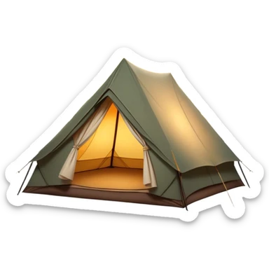 Cinematic Realistic Tent, a sturdy canvas tent nestled among tall trees, warm golden light spilling from inside, gentle folds in the fabric visible, glowing against the cool, dark forest backdrop, evoking a sense of adventure and comfort. sticker