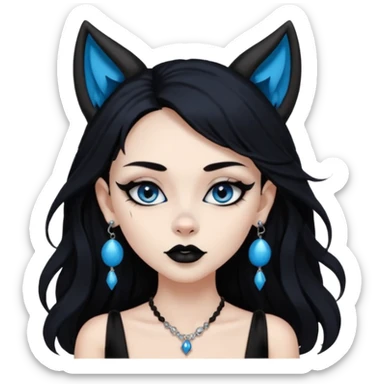 A girl with long black hair and blue eyes, black eyeshadow, black eye liner, mascara, and black lipstick, and black skull earrings. Also a black sexy dress and wolf ears  sticker
