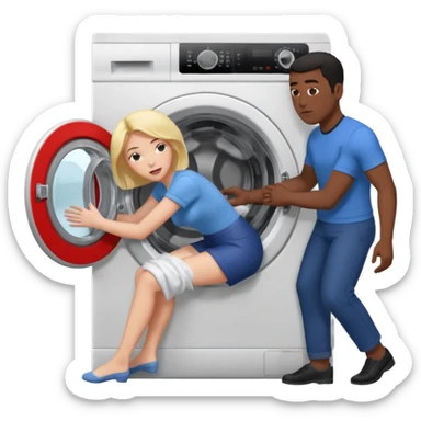 Eine Frau steckt bis zum Bauch in einer Waschmaschine fest und nur die Beine gucken raus und zwei schwarze männer ziehen an ihren Beinen um sie raus zu holen  sticker