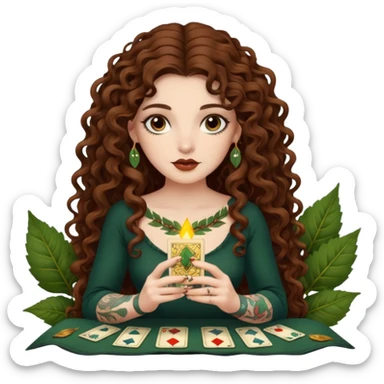 woman with long curly brown hair, brown eyes, white skin, tattoos, reading tarot cards made of leaves  sticker