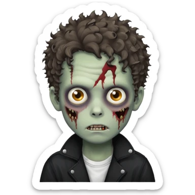 zombie boy messy curly hair black jacket white tee shirt sticker