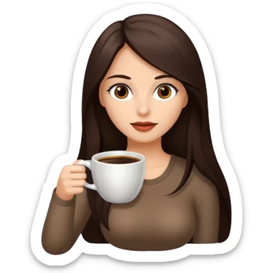 Straight Dark Brown long haired sexy woman with dark brown eyes with cup of coffee sticker