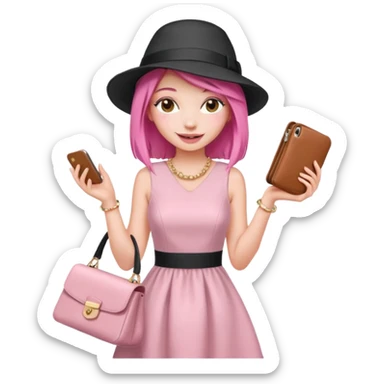 emoji of a young fashionable woman, straight pink hair, wearing a hat and a chic dress, playful smile sticker