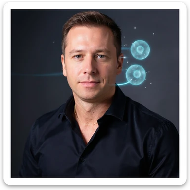 Vertical portrait, only the man's face in a realistic style with a relaxed expression. Include symbols of renewing cells or small sparks of energy near the face to represent cellular regeneration during fasting. The atmosphere should convey regeneration and vitality. sticker