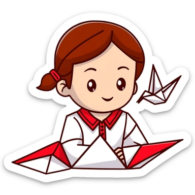 A happy Ukrainian young girl with brown hair in a white embroidered shirt makes an origami red crane craft sticker