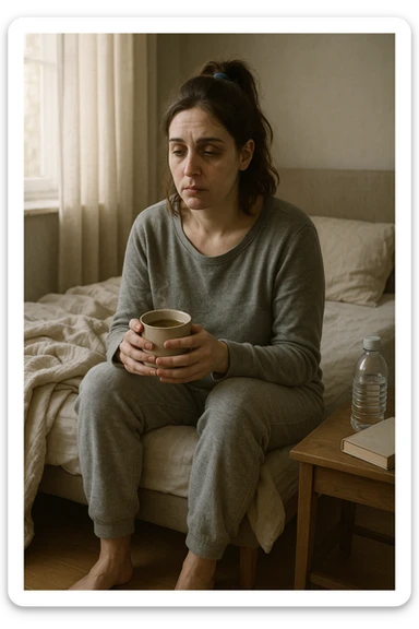 A realistic, cinematic illustration of a woman in her early 30s with a tired, pale appearance, sitting on the edge of her bed in a softly lit bedroom during the morning, looking exhausted and drained. Her posture is slightly slouched, and dark circles are visible under her eyes. She wears comfortable loungewear, holding a warm cup of herbal tea in her hands, seeking comfort. The scene includes a cozy yet slightly messy room with a blanket, a water bottle, and a book on the nightstand, emphasizing chronic fatigue. Soft natural light comes through the window, highlighting her expression of persistent tiredness despite rest, capturing the invisible struggle of chronic fatigue syndrome while maintaining dignity and a gentle aesthetic. sticker