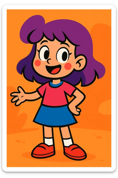 a girl with purple hair, vibrant cartoon style sticker