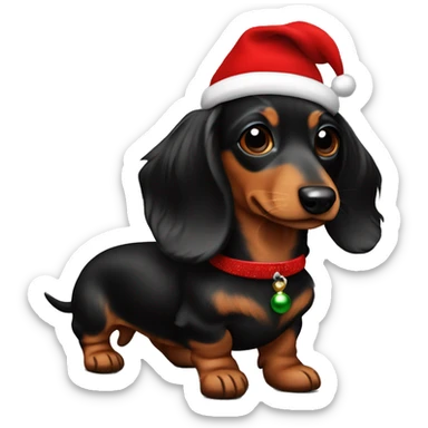 Mini long haired dachshund black and brown colors with Christmas outfit on  sticker