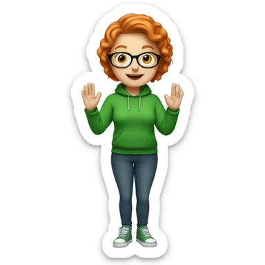 Short hair ginger lady with glasses, wearing a green hoodie, waving sticker