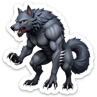 cinematic-noble-fierce-werewolf-full body on all fours-emoji, poised-and-imposing, with a tall, lean, and muscular wolfish frame inspired by the brutal, imposing shape of the beast from Berserk, fur rippling in shades of midnight black and silver, massive paws with razor-sharp claws, elongated limbs and fangs, eyes glowing with an intense, primal ferocity, reflecting the untamed power of the wild moonlit night; rendered with realism like a wolf hunched over sticker