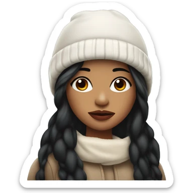 beautiful girl with long flowy black hair and pouty reddish lips wearing winter hat sticker