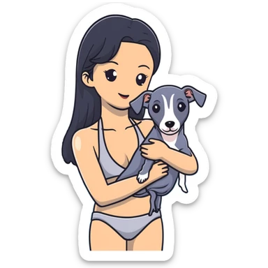 Slim Chinese woman with long black hair in pool attire at an indoor swimming pool with her Italian greyhound that is COMPLETELY and ENTIRELY solid dark grey, with ABSOLUTELY ZERO white markings anywhere on its entire body including face, nose, chest, paws - 100% uniform dark grey color only sticker