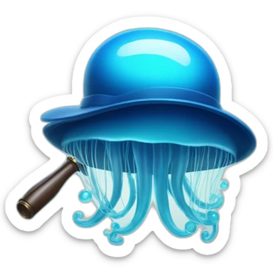 A translucent blue jellyfish with a classic detective's fedora and a magnifying glass, floating. sticker