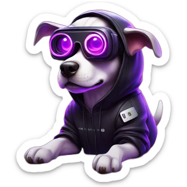 funny dog wearing a black hoodie with "OMG" letters on it and VR headset in a cyberpunk VR environment with violet neon lighting. sticker